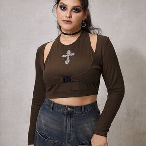 Brown Long Sleeve Cutout Top with cross and buckle